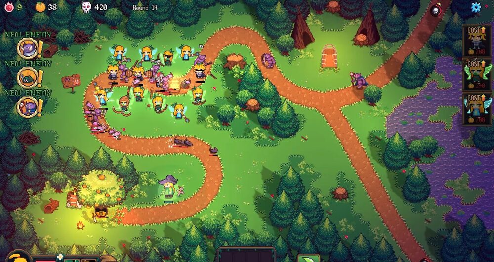 Pixel-art tower-defense map from Tangy TD — winged defenders holding a winding dirt path through a forest, enemy-wave banners along the left edge