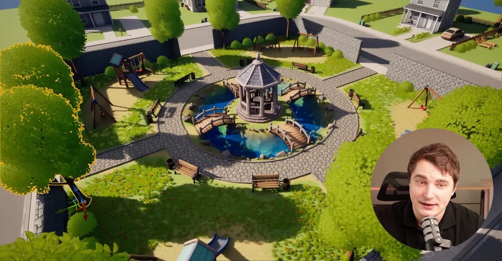 Stefan's weekend-build park scene — a stylized pond and trees in a 3D editor, with his webcam inset in the corner